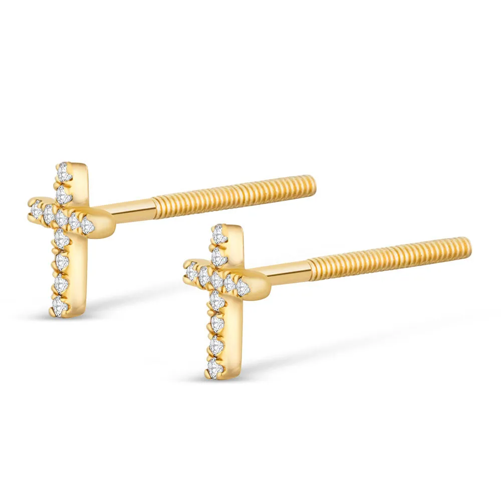 14k Solid Gold Diamond Cross Stud Earrings .05CTW