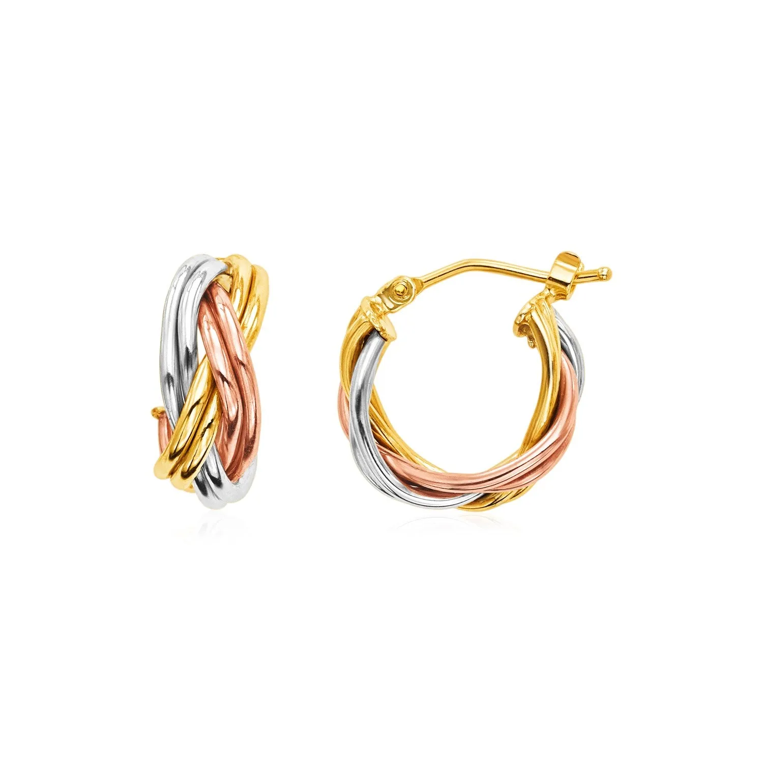 14k Tri Color Gold Petite Braided Hoop Earrings-rx86237