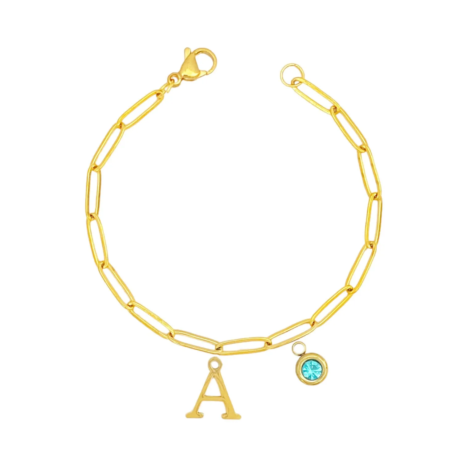 Alphabet Birthstone Paperclip Bracelet Gold (A-G)