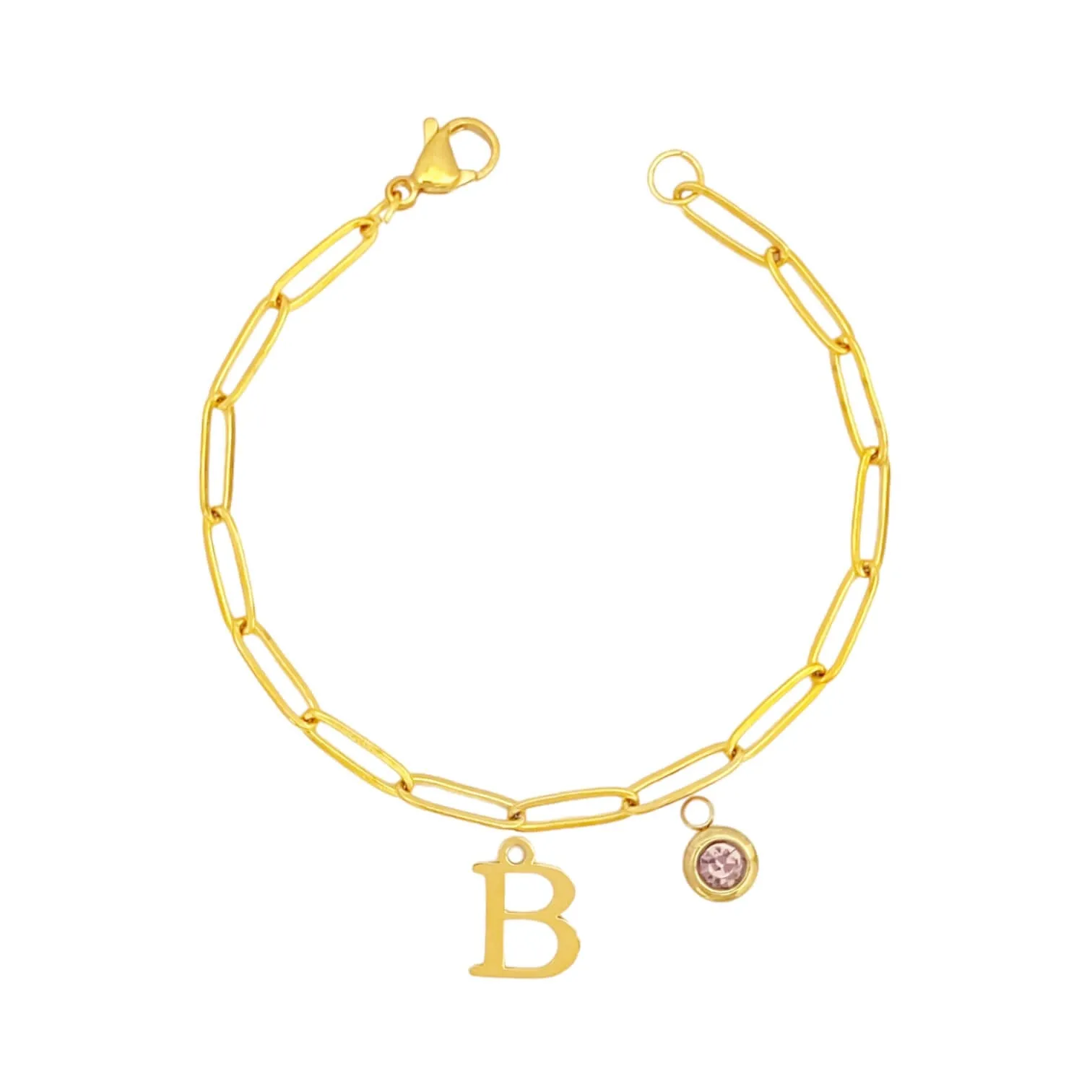 Alphabet Birthstone Paperclip Bracelet Gold (A-G)