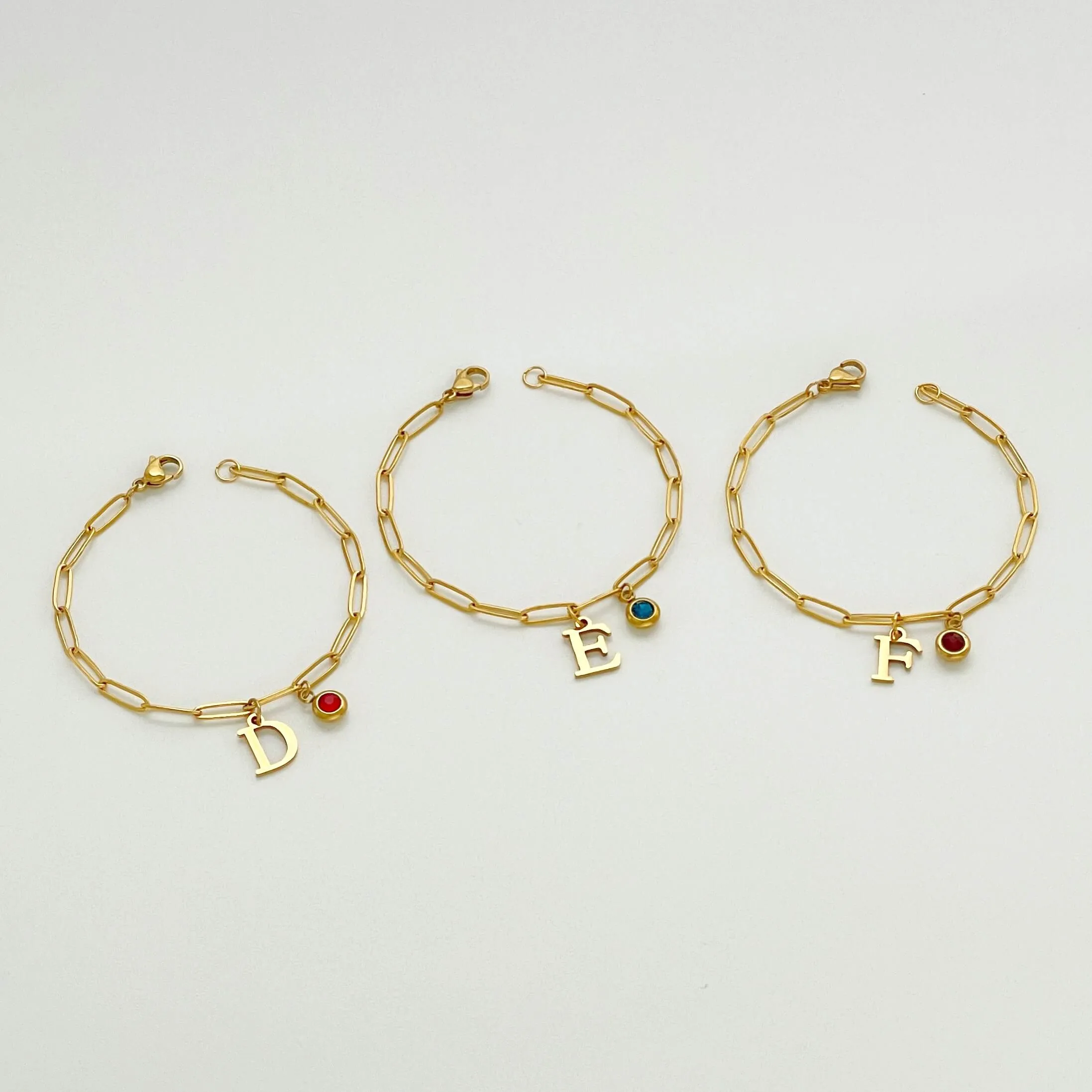 Alphabet Birthstone Paperclip Bracelet Gold (A-G)