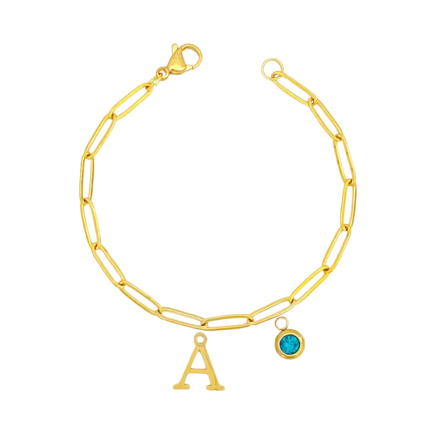 Alphabet Birthstone Paperclip Bracelet Gold (A-G)