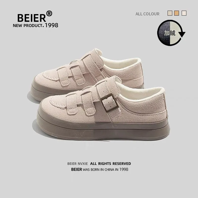 BEIER thick-soled Velcro women's shoes, ugly big-headed winter cotton shoes 2024 new niche versatile white shoes