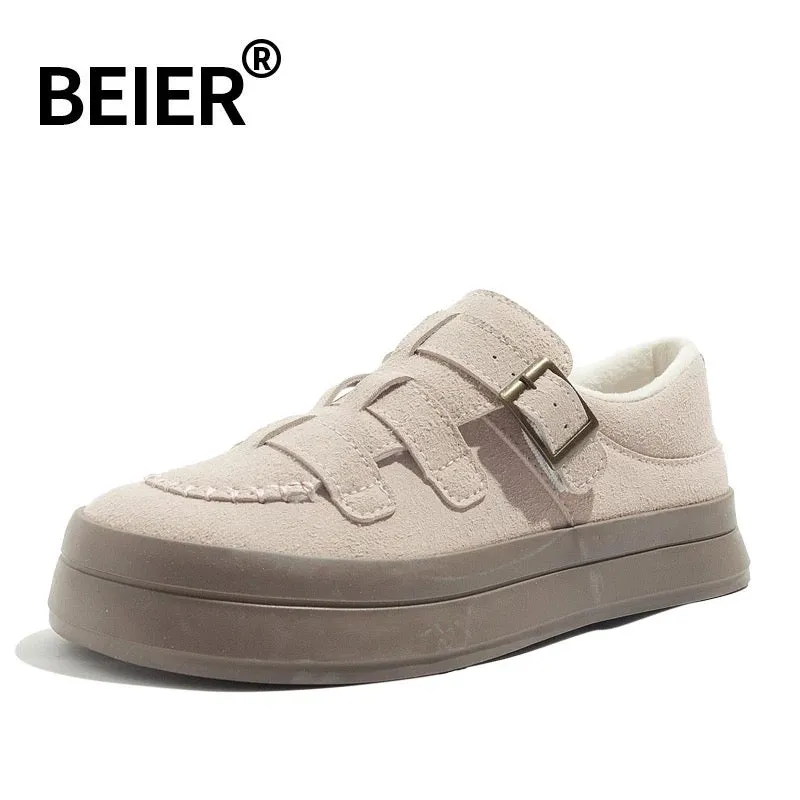 BEIER thick-soled Velcro women's shoes, ugly big-headed winter cotton shoes 2024 new niche versatile white shoes