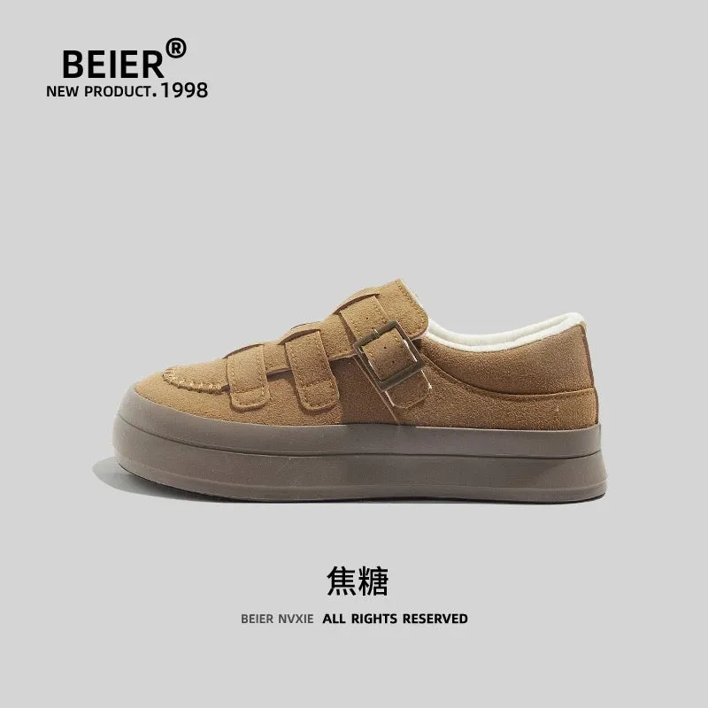 BEIER thick-soled Velcro women's shoes, ugly big-headed winter cotton shoes 2024 new niche versatile white shoes