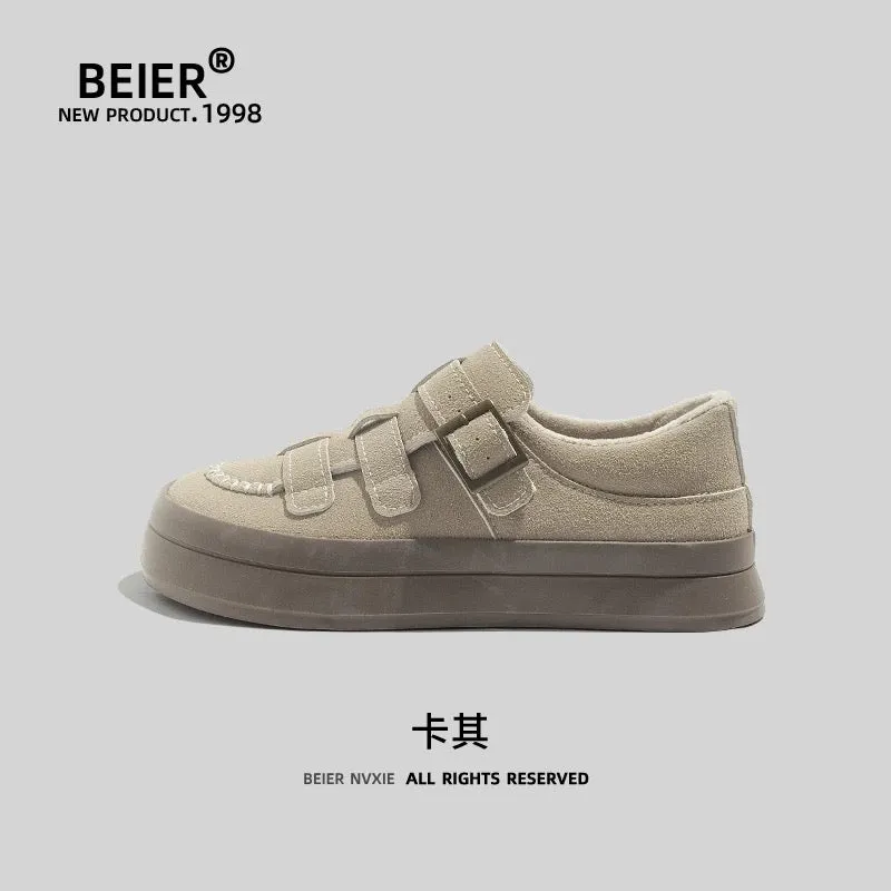 BEIER thick-soled Velcro women's shoes, ugly big-headed winter cotton shoes 2024 new niche versatile white shoes