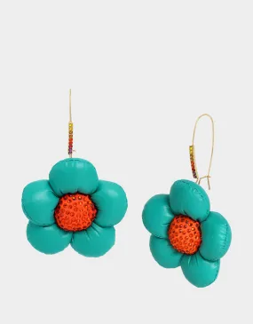 BETSEYS PUFFY FLOWERS HOOK EARRINGS TEAL