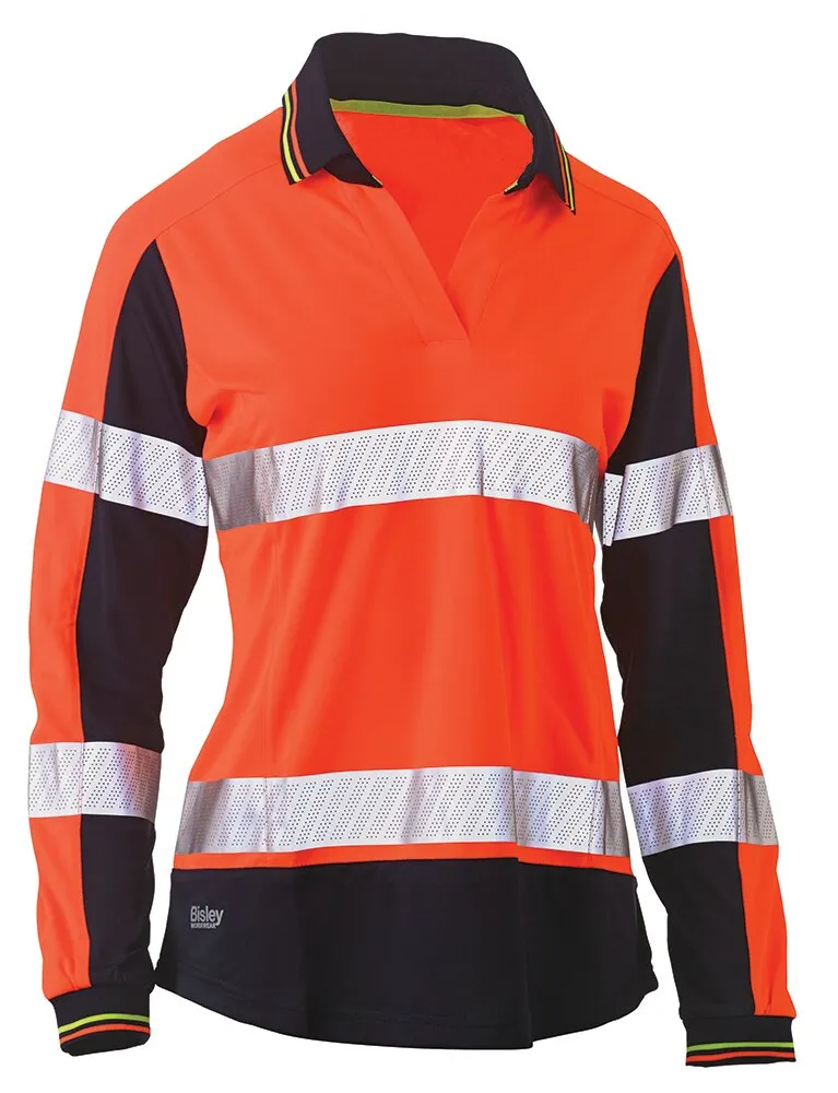 Bisley Workwear - Women's Taped Long Sleeve - Hi-Vis 2 Tone V-Neck Polo - Orange/Navy - 6 - BKL6225T_TT056