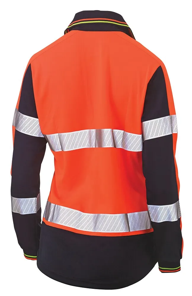 Bisley Workwear - Women's Taped Long Sleeve - Hi-Vis 2 Tone V-Neck Polo - Orange/Navy - 6 - BKL6225T_TT056