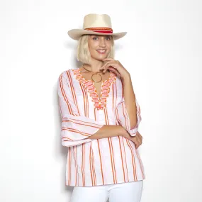 Cabana Stripe Orange Flounce Sleeve Tunic