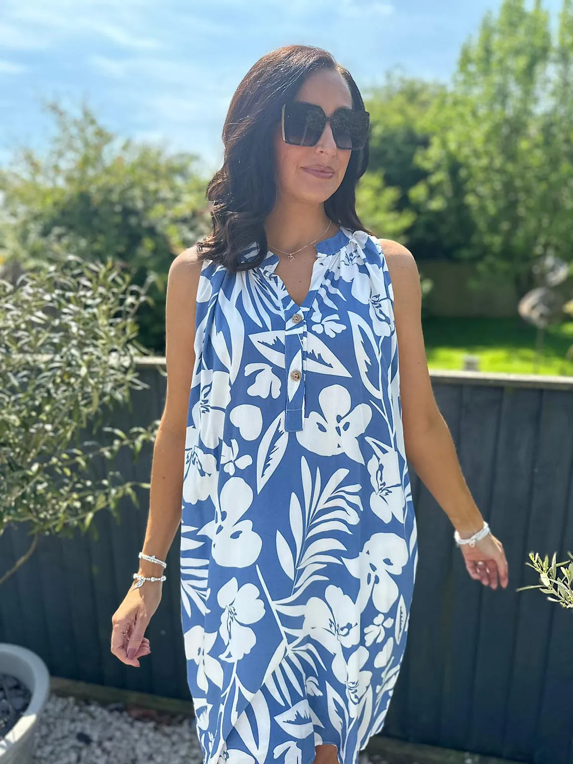 Denim Floral Sleeveless Tunic Dress Jade