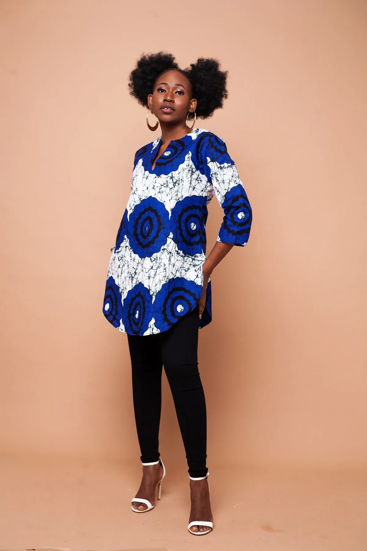 Ekuwa Ankara Long Tunic Top | Blue and White African Print