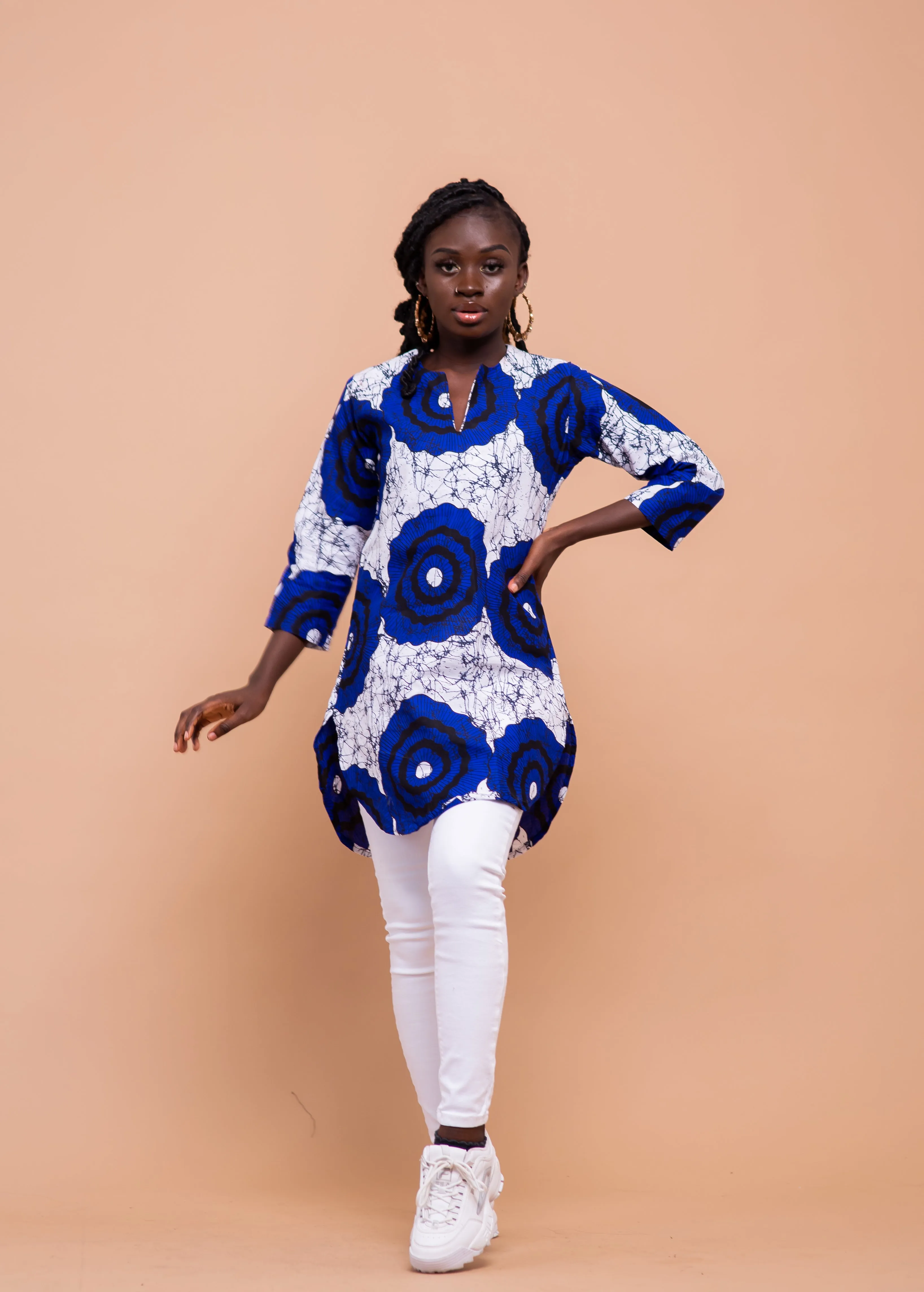 Ekuwa Ankara Long Tunic Top | Blue and White African Print