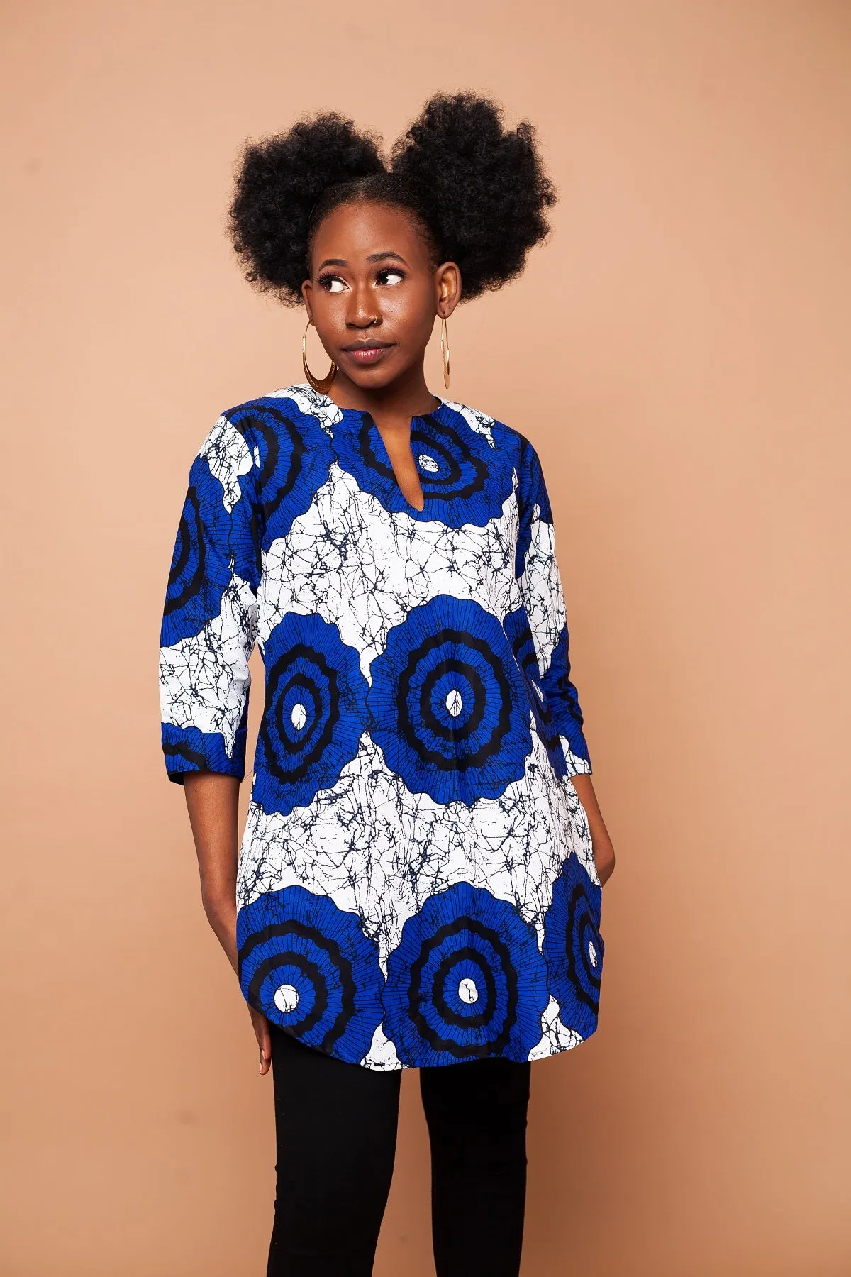 Ekuwa Ankara Long Tunic Top | Blue and White African Print