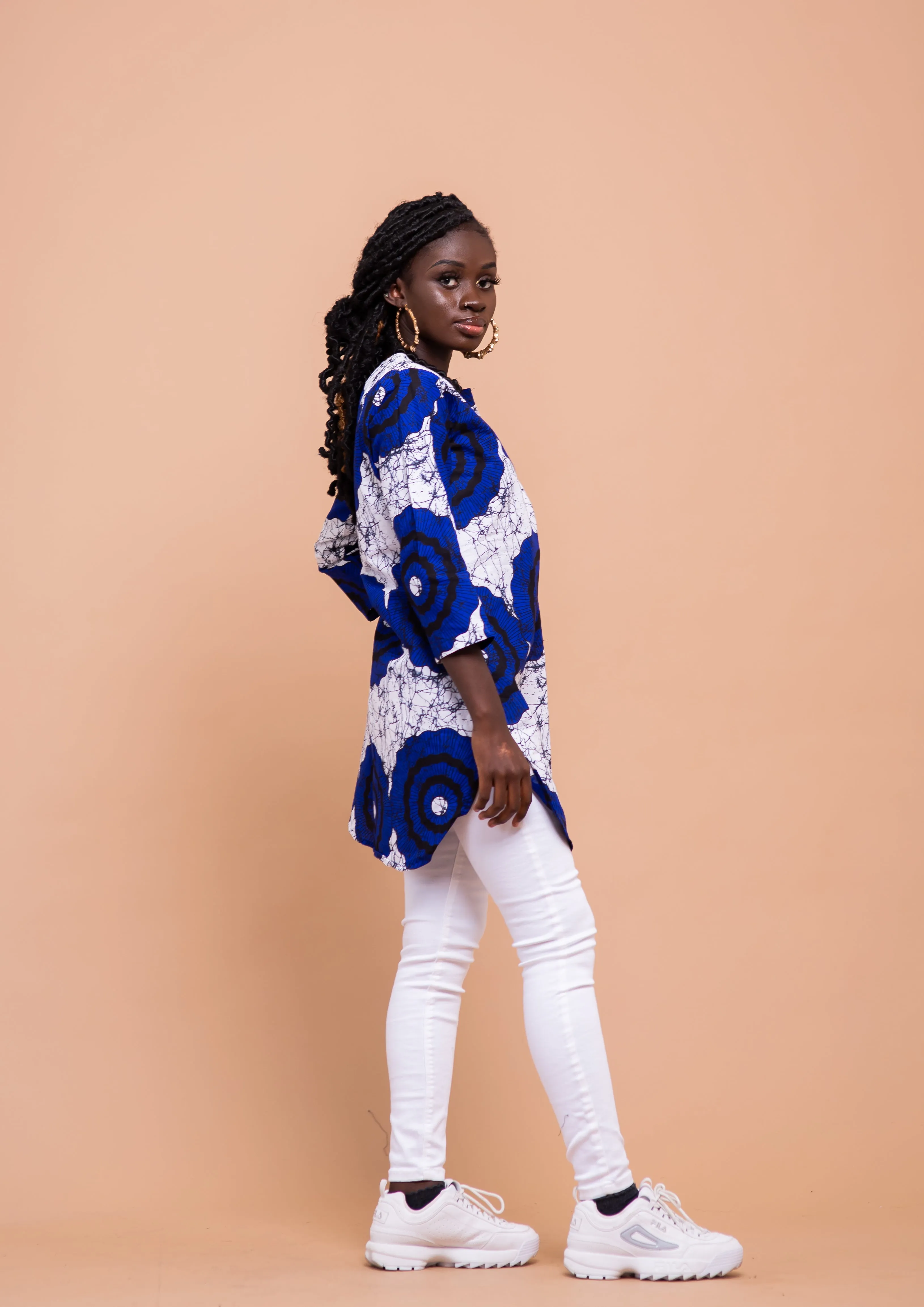 Ekuwa Ankara Long Tunic Top | Blue and White African Print