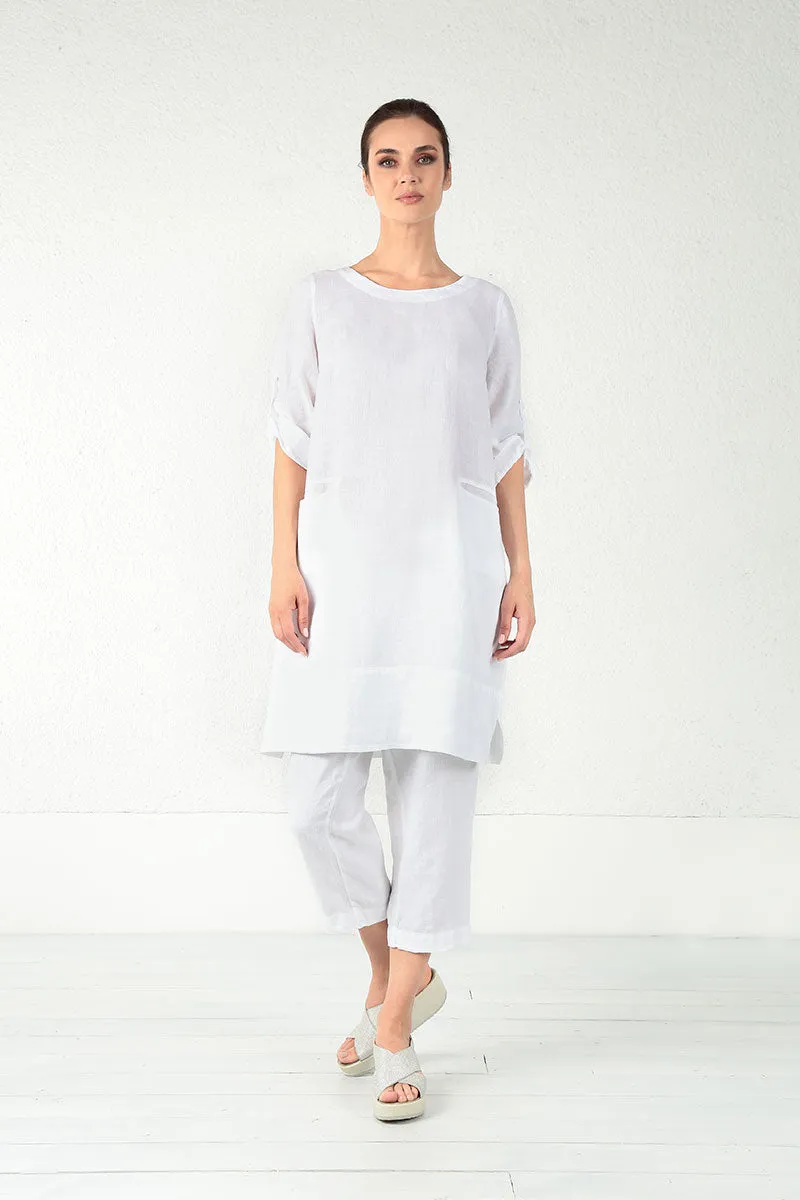 Evergreen Adjustable Sleeves White Linen Tunic