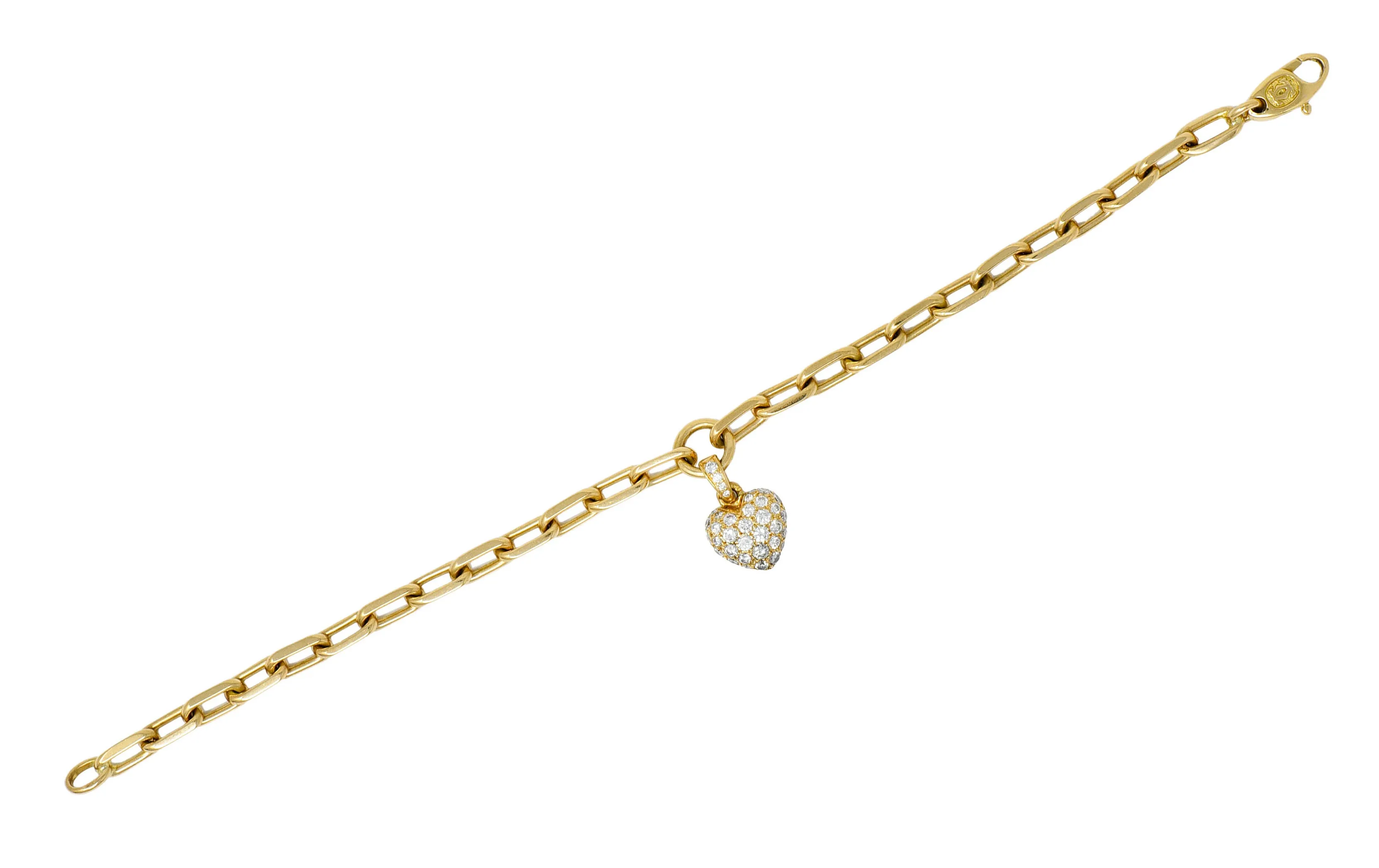 French Cartier 1.00 CTW Pave Diamond 18 Karat Gold Heart Charm Bracelet