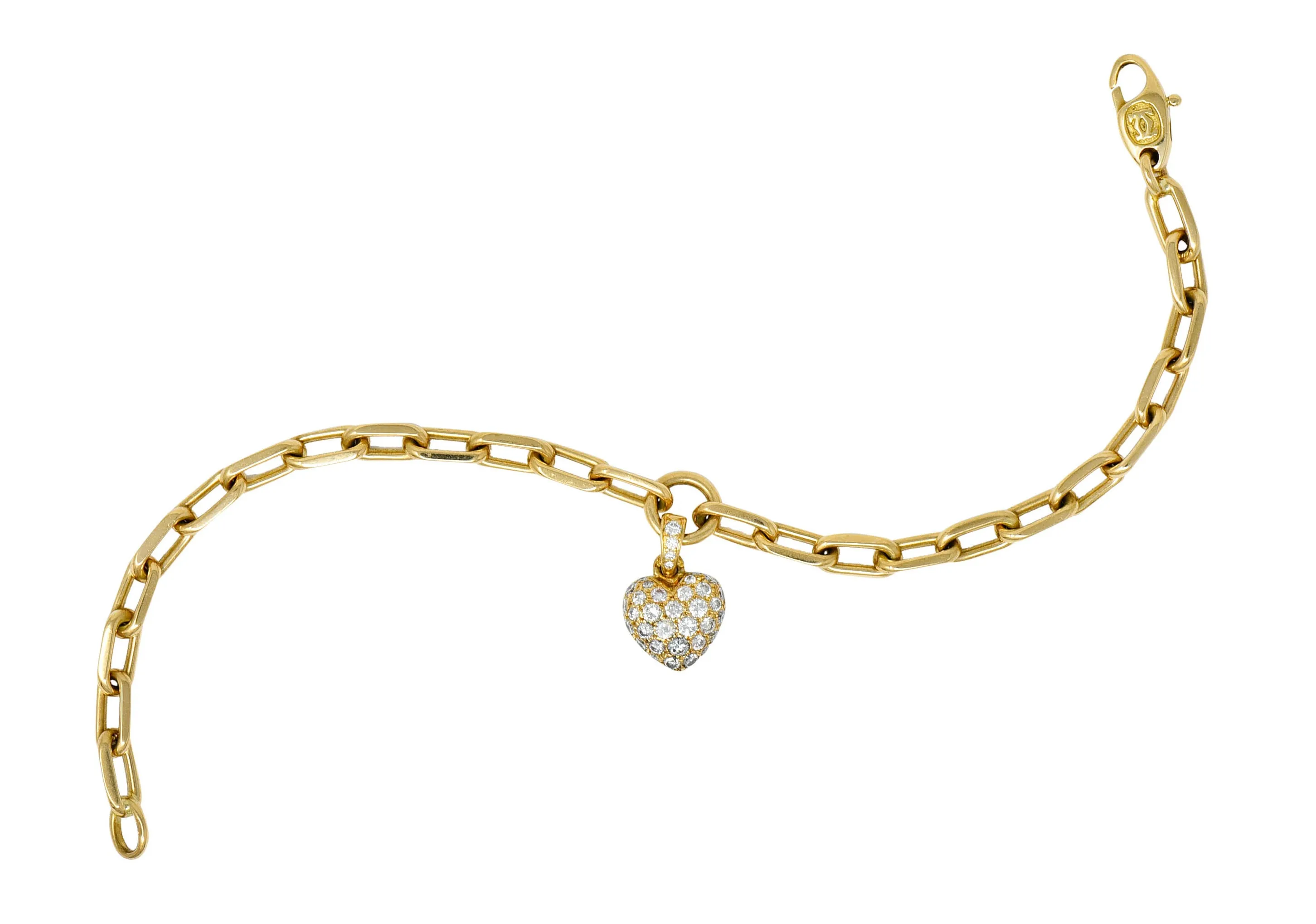 French Cartier 1.00 CTW Pave Diamond 18 Karat Gold Heart Charm Bracelet