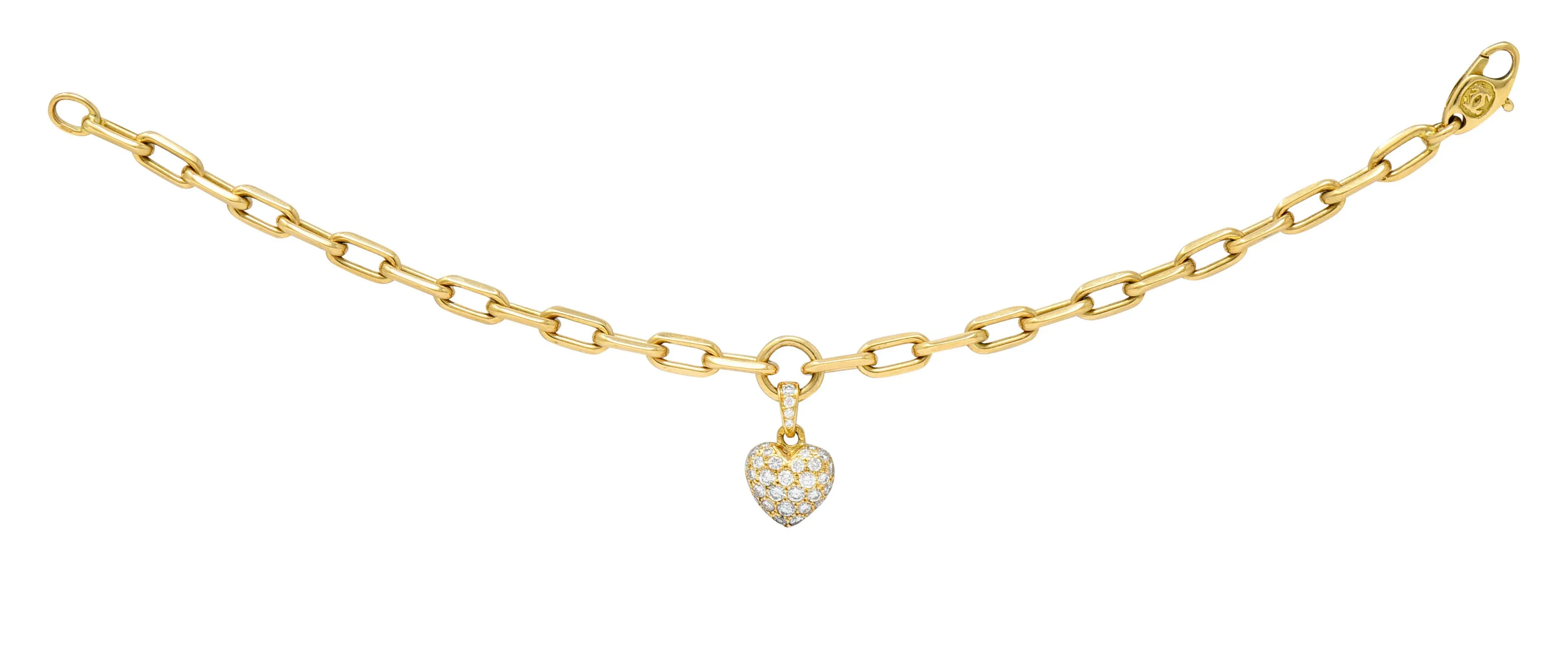 French Cartier 1.00 CTW Pave Diamond 18 Karat Gold Heart Charm Bracelet