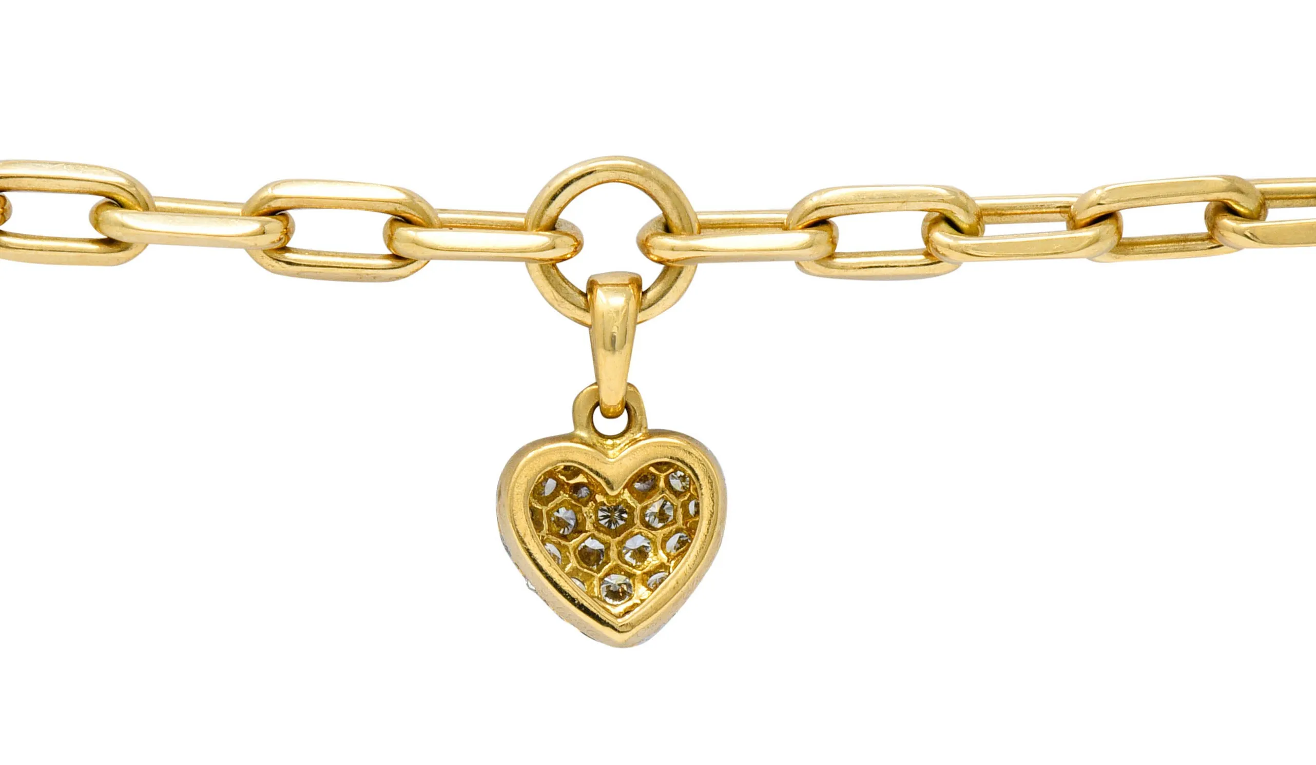 French Cartier 1.00 CTW Pave Diamond 18 Karat Gold Heart Charm Bracelet