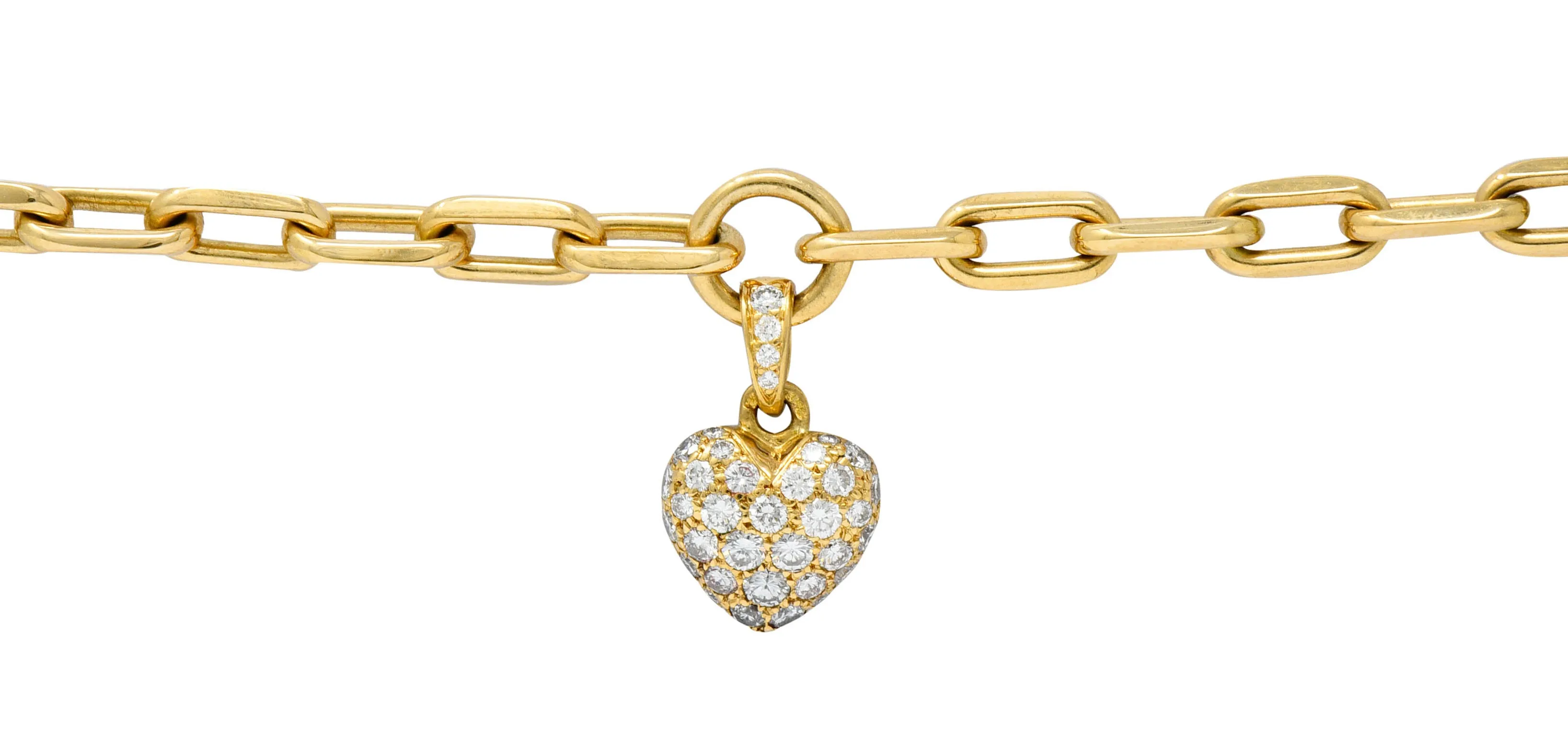 French Cartier 1.00 CTW Pave Diamond 18 Karat Gold Heart Charm Bracelet