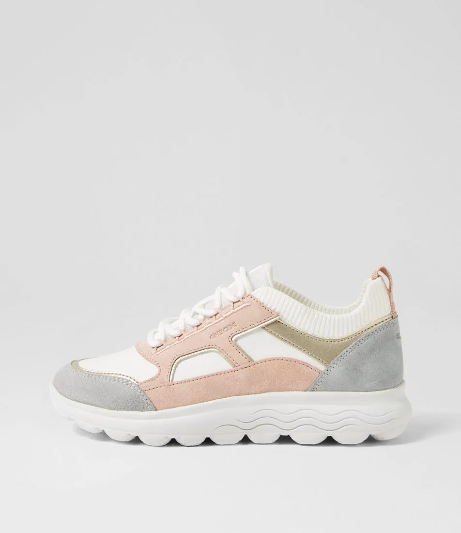 GEOX D Spherica C White Nude Leather Suede Sneakers