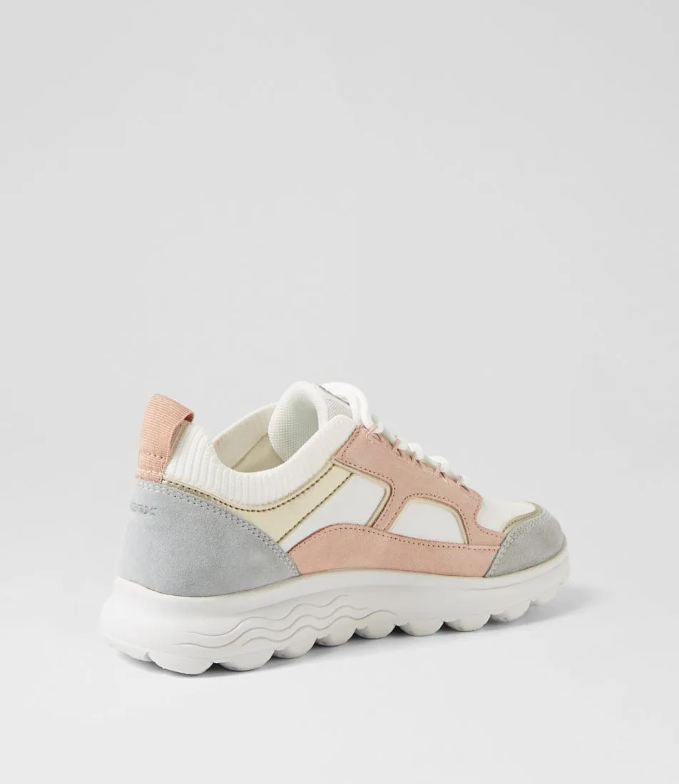 GEOX D Spherica C White Nude Leather Suede Sneakers