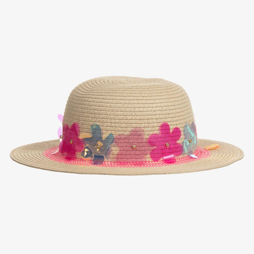 Girls Beige Flower Straw Sun Hat