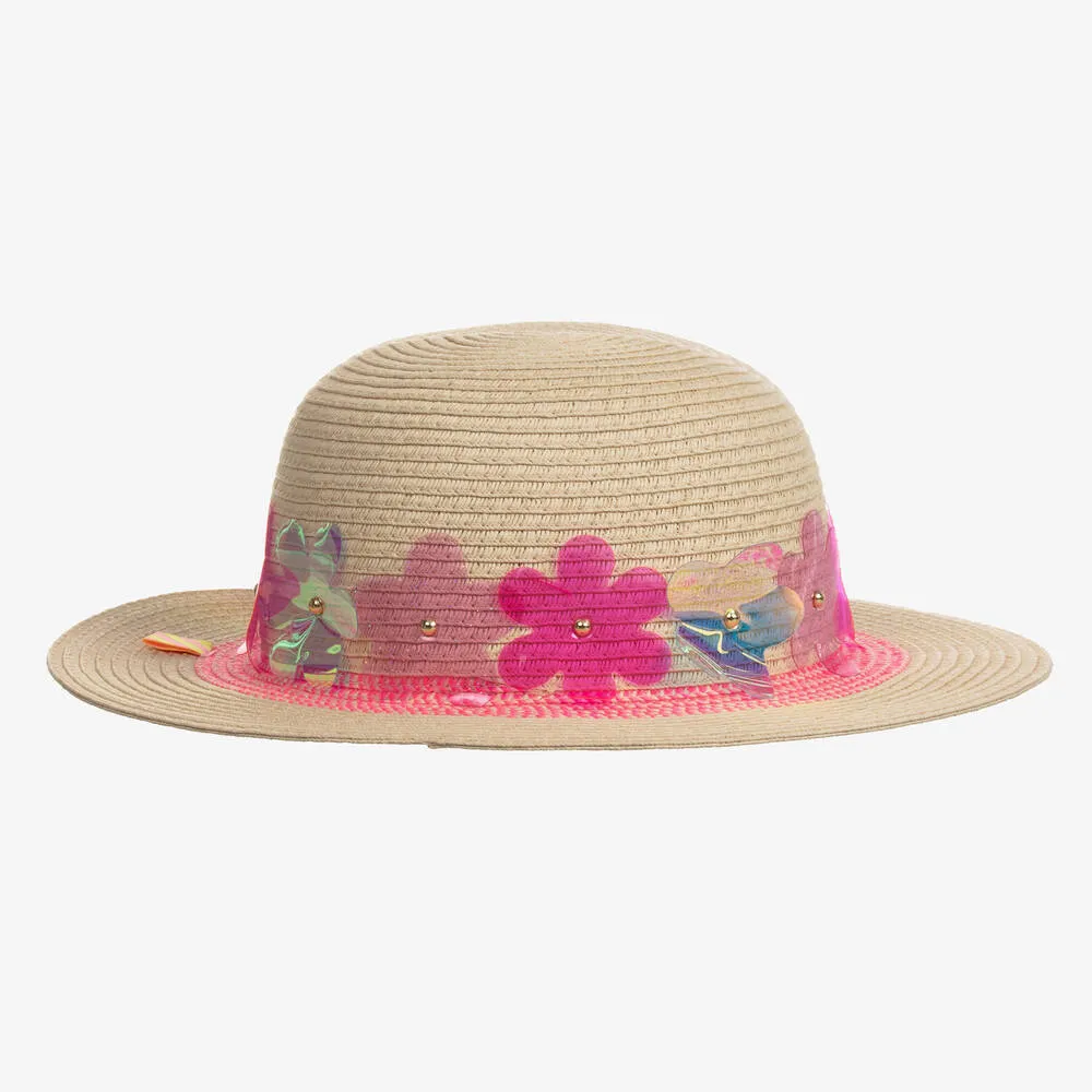 Girls Beige Flower Straw Sun Hat