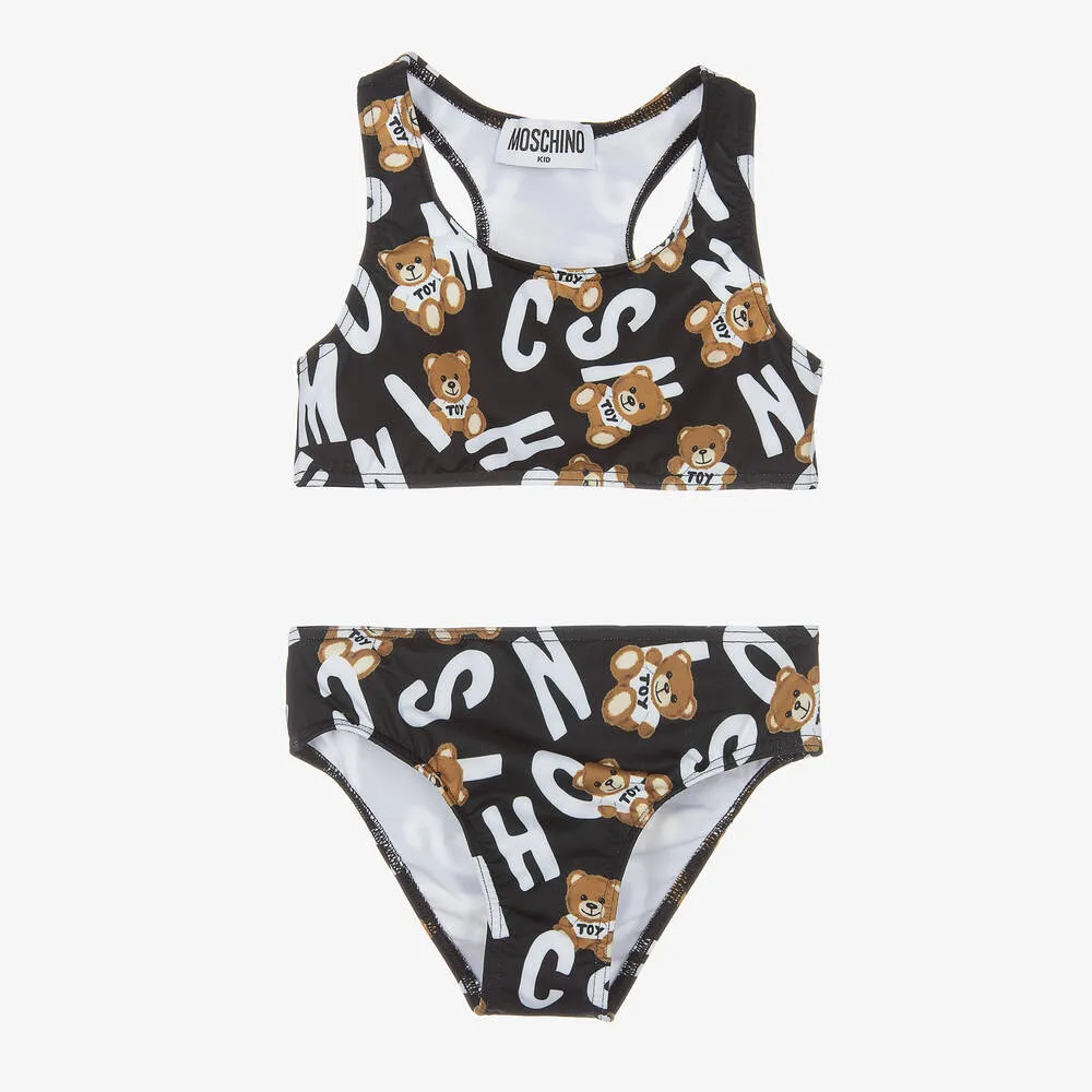 Girls Black Teddy Bear Logo Bikini