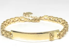 Gold Plated Yellow Virgin Mary Flower ID Bracelet 7.5” 5.5mm Width Esclava