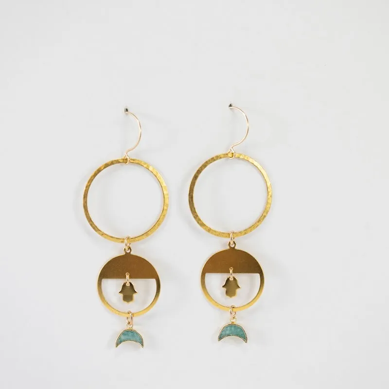 Hamsa and Amazonite Moon Earrings