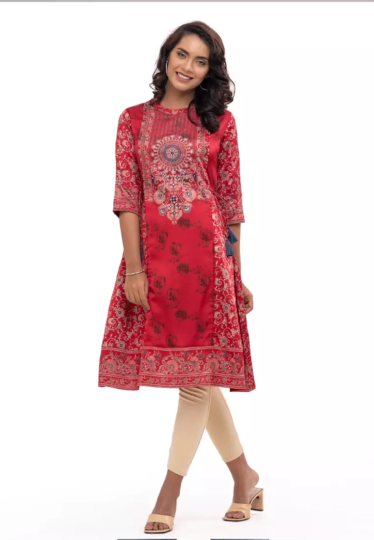 Le Reve Le Reve Red Embroidered Crepe Ethnic Tunic