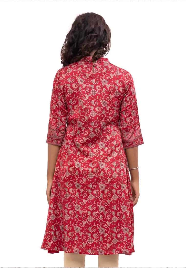 Le Reve Le Reve Red Embroidered Crepe Ethnic Tunic