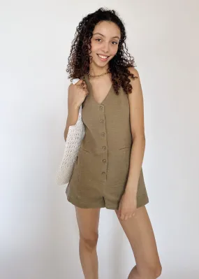 Maren Sleeveless Button-Down Romper - Olive