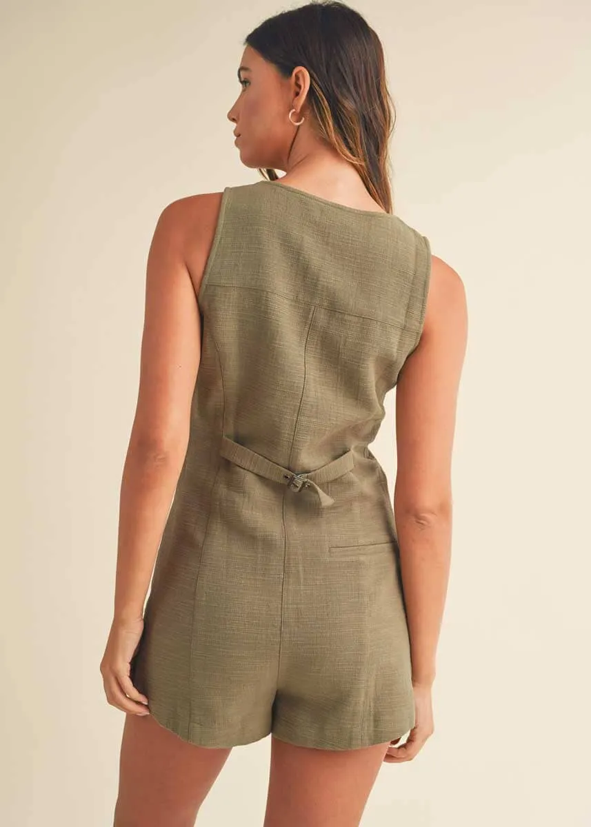 Maren Sleeveless Button-Down Romper - Olive