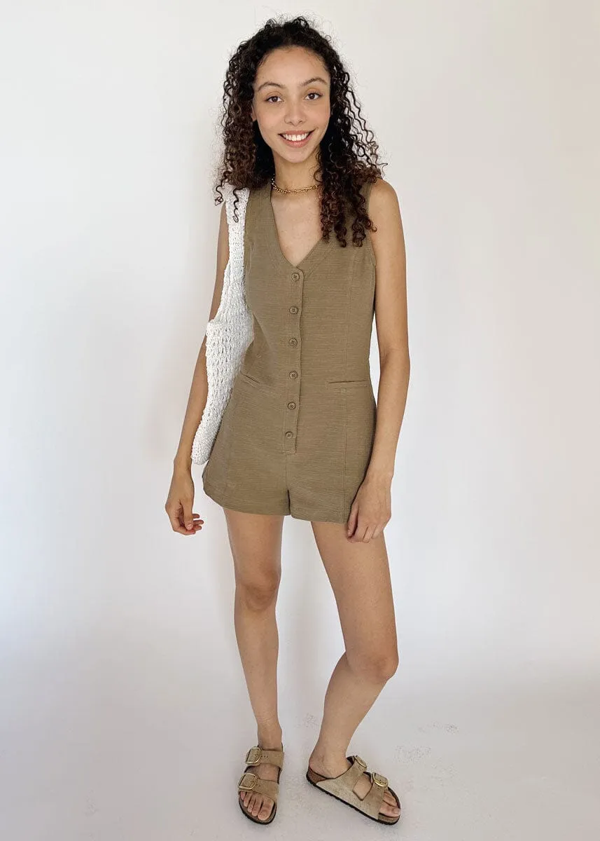 Maren Sleeveless Button-Down Romper - Olive