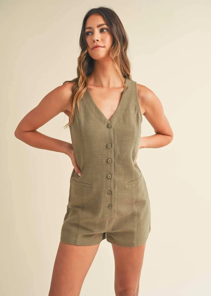 Maren Sleeveless Button-Down Romper - Olive