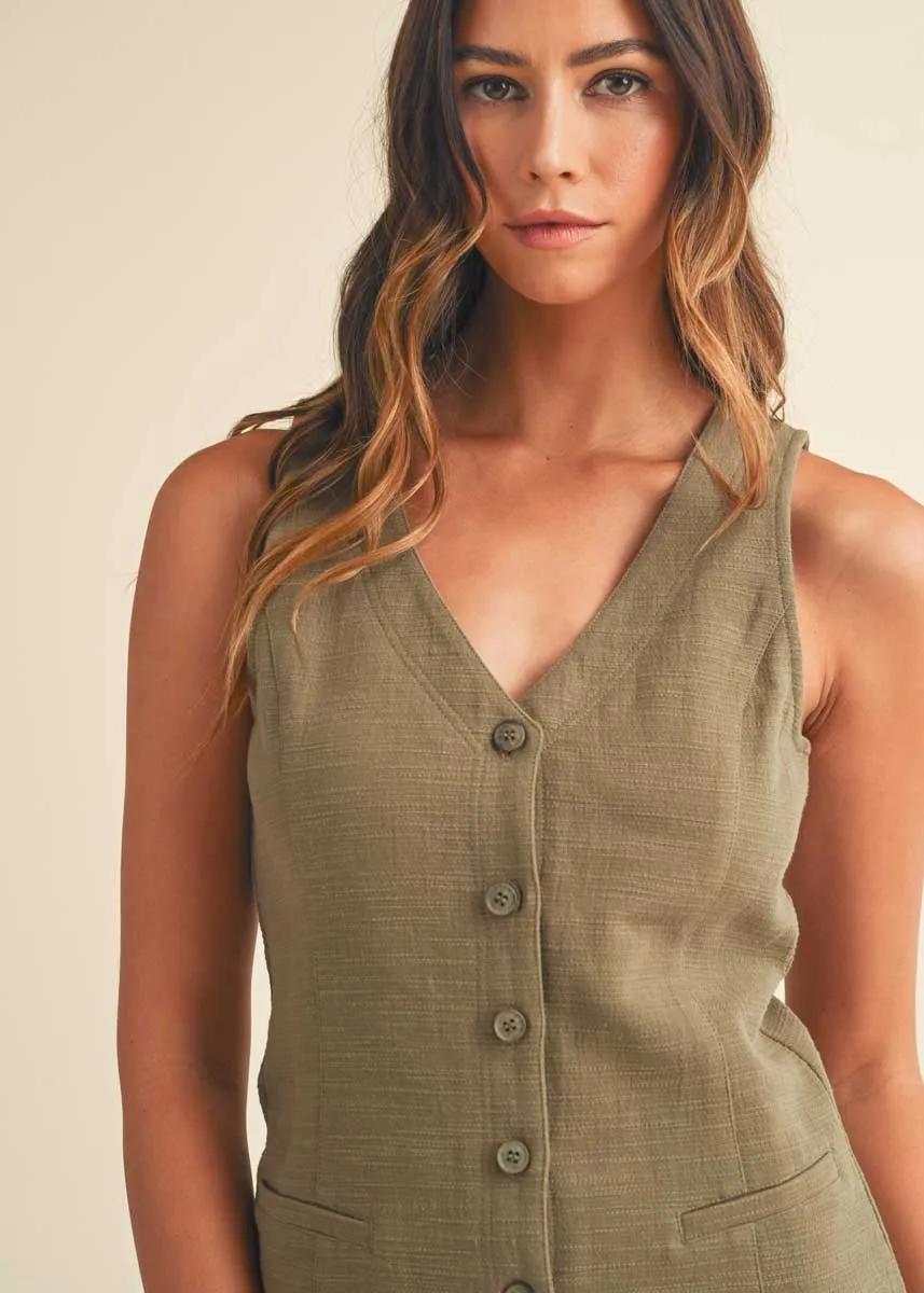 Maren Sleeveless Button-Down Romper - Olive