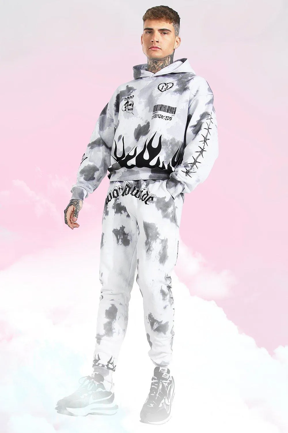 Oversized Tie Dye Graffiti Hooded Tracksuit | boohooMAN UK