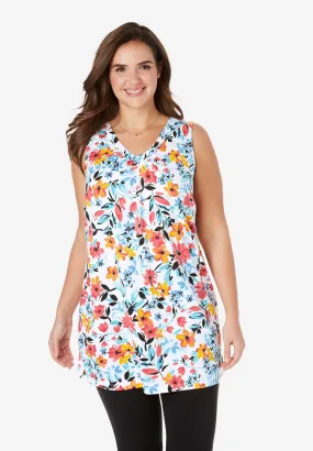 Perfect Printed Sleeveless Shirred V-Neck Tunic