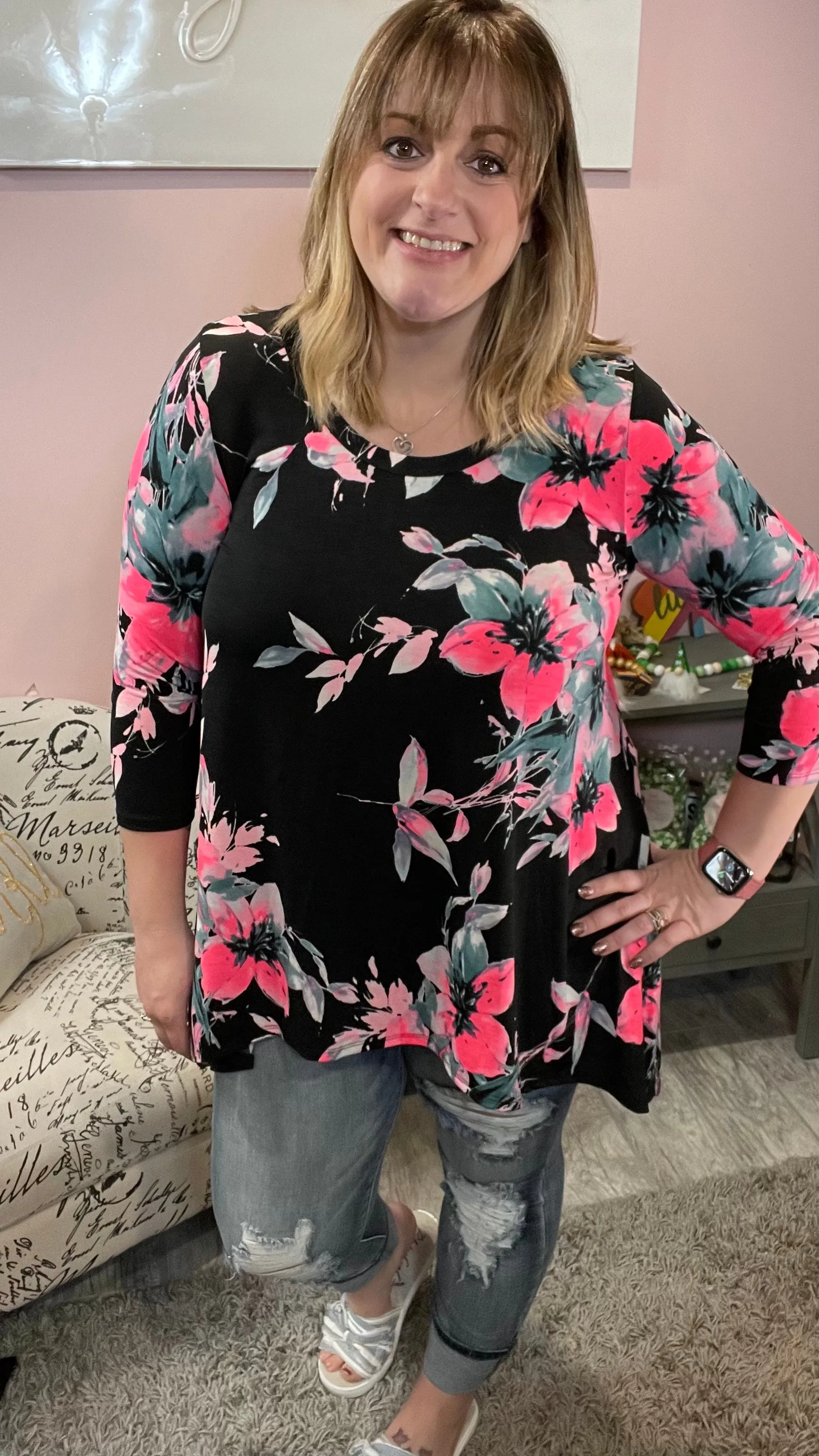 Pink Floral Sharkbite Hem Tunic