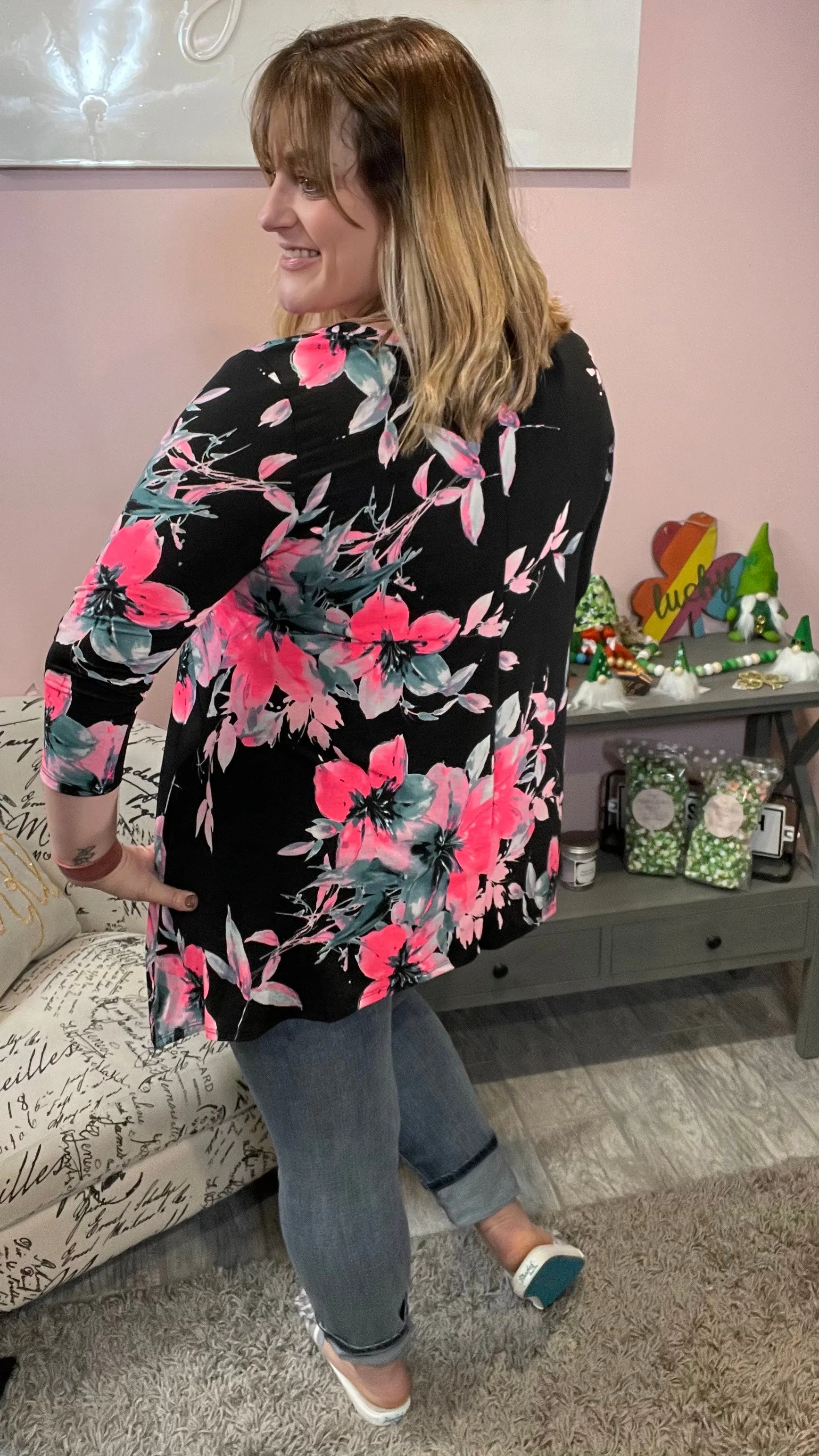 Pink Floral Sharkbite Hem Tunic