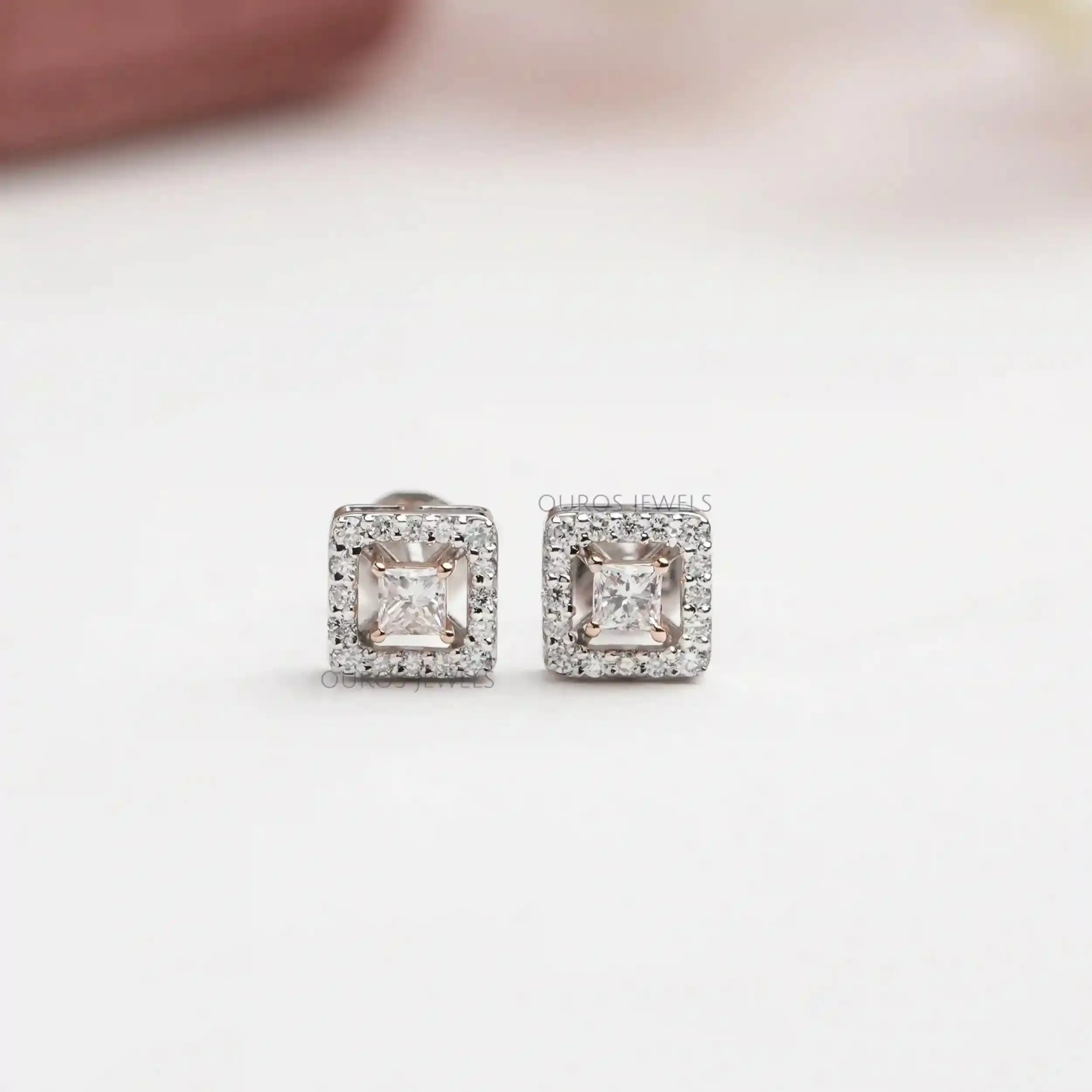 Princess Cut Halo Lab Diamond Stud  Earrings