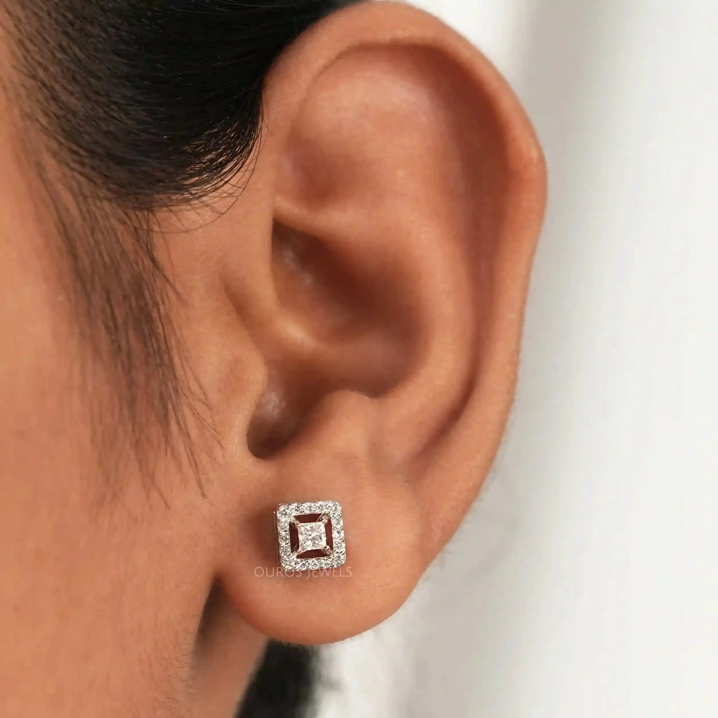 Princess Cut Halo Lab Diamond Stud  Earrings