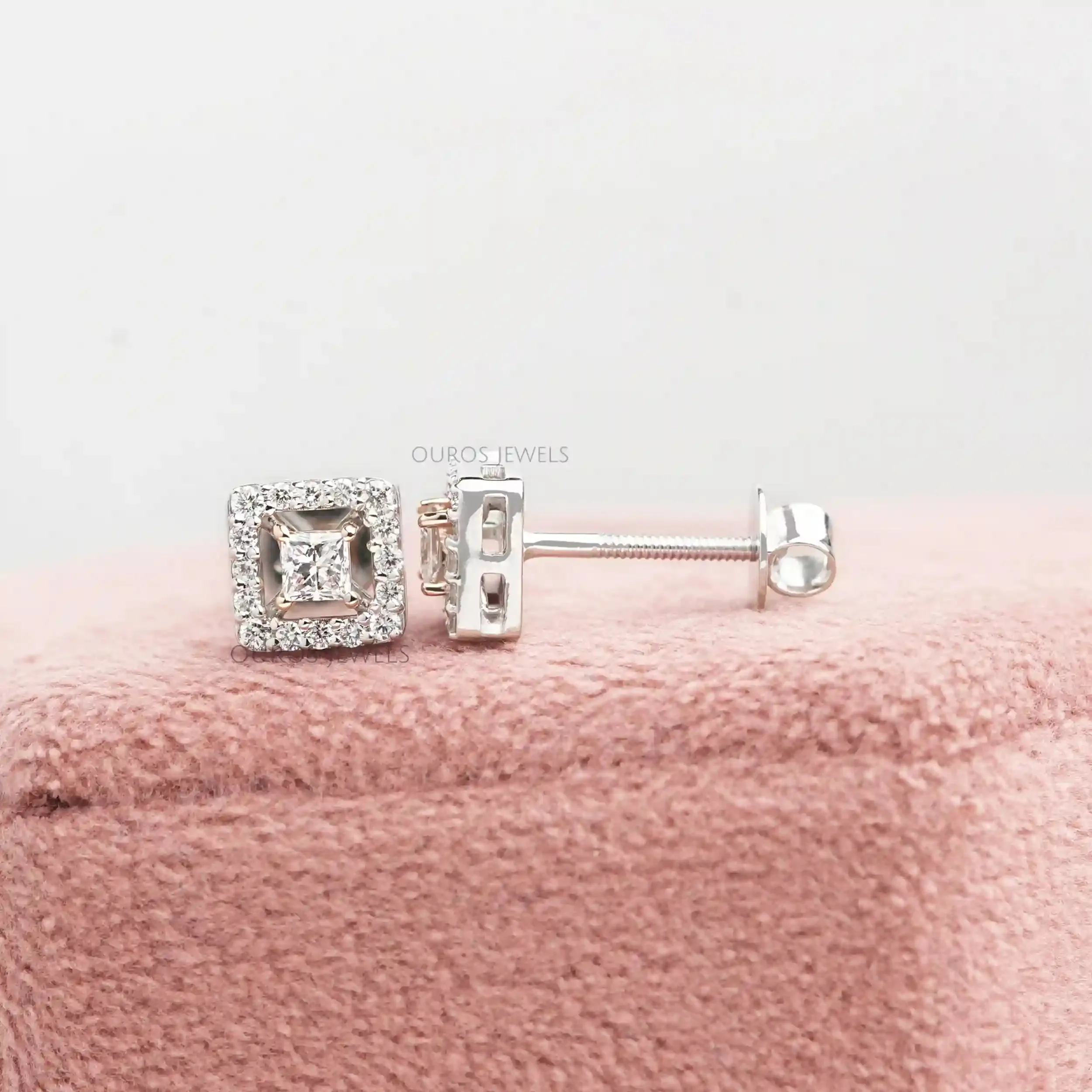 Princess Cut Halo Lab Diamond Stud  Earrings