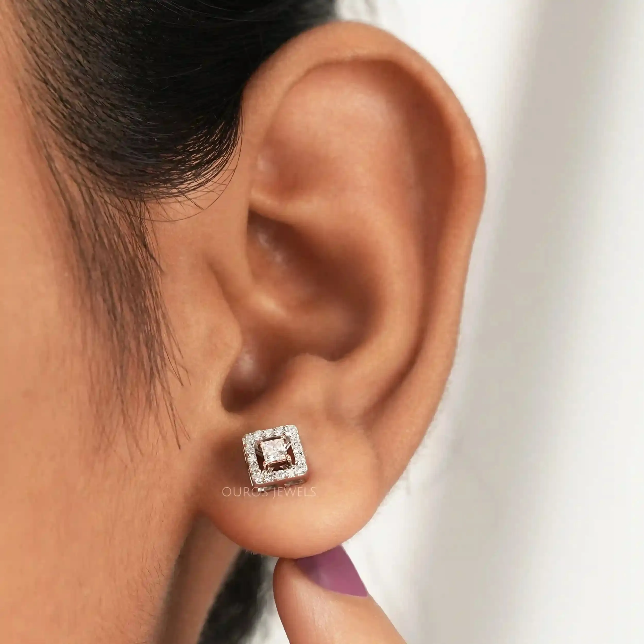 Princess Cut Halo Lab Diamond Stud  Earrings