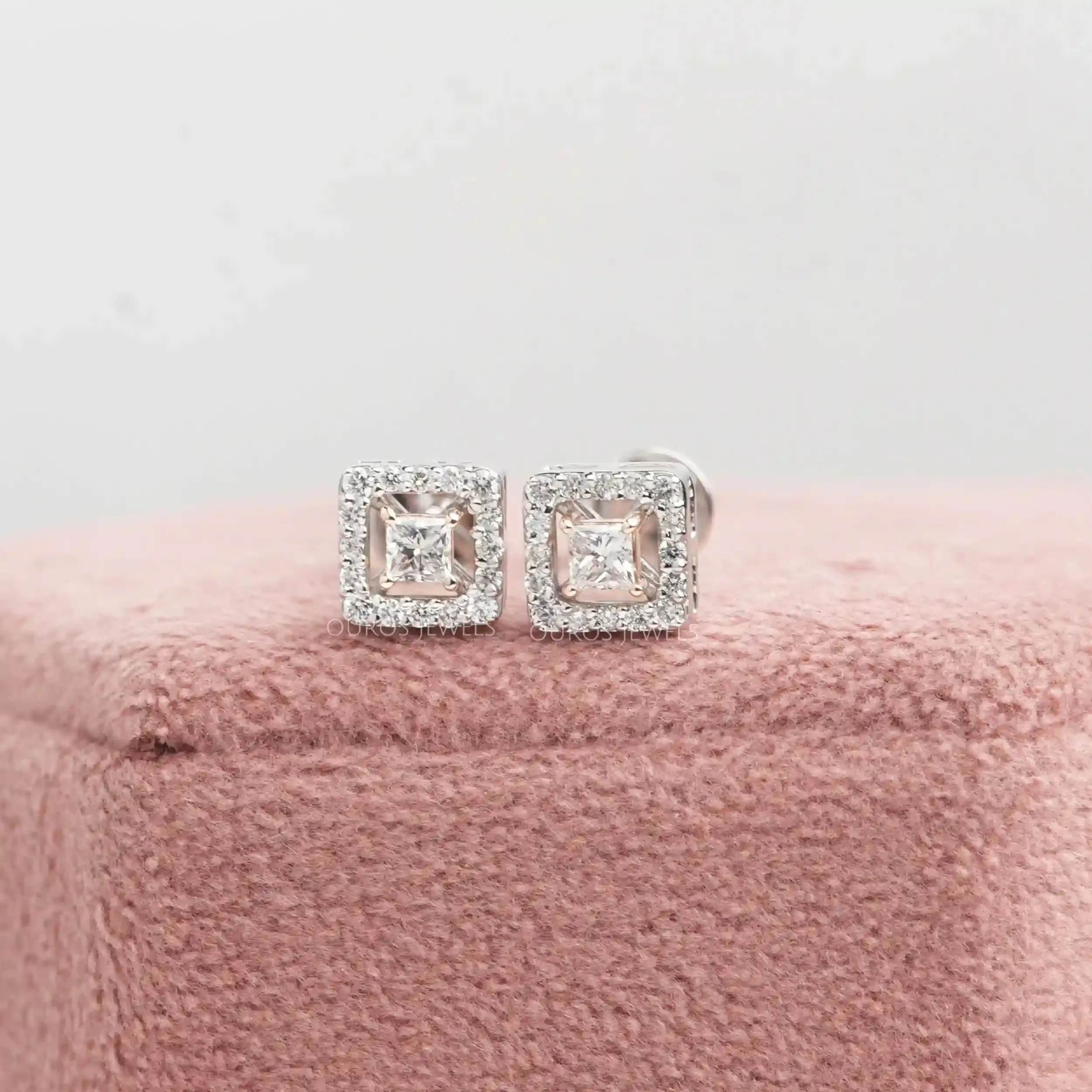 Princess Cut Halo Lab Diamond Stud  Earrings