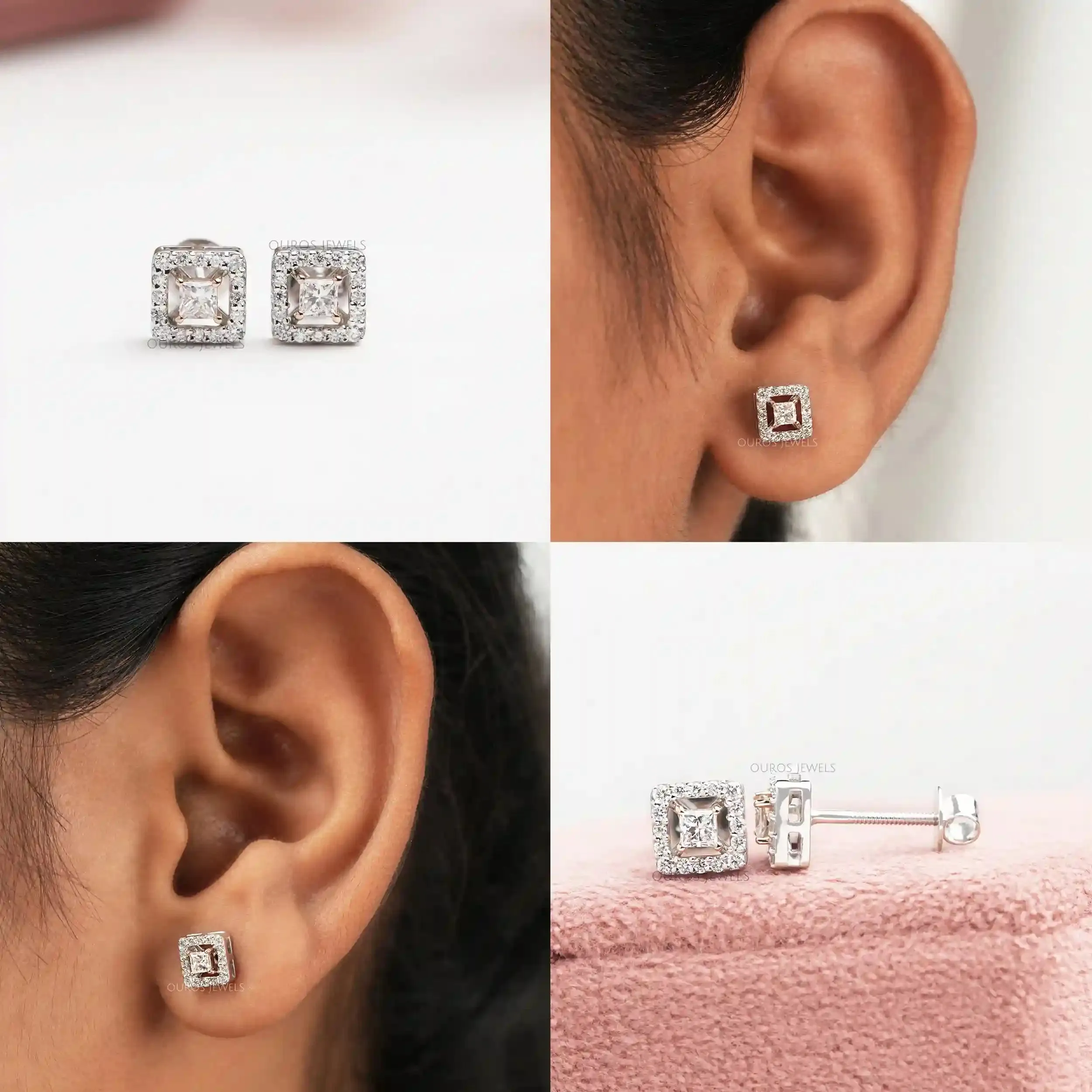 Princess Cut Halo Lab Diamond Stud  Earrings