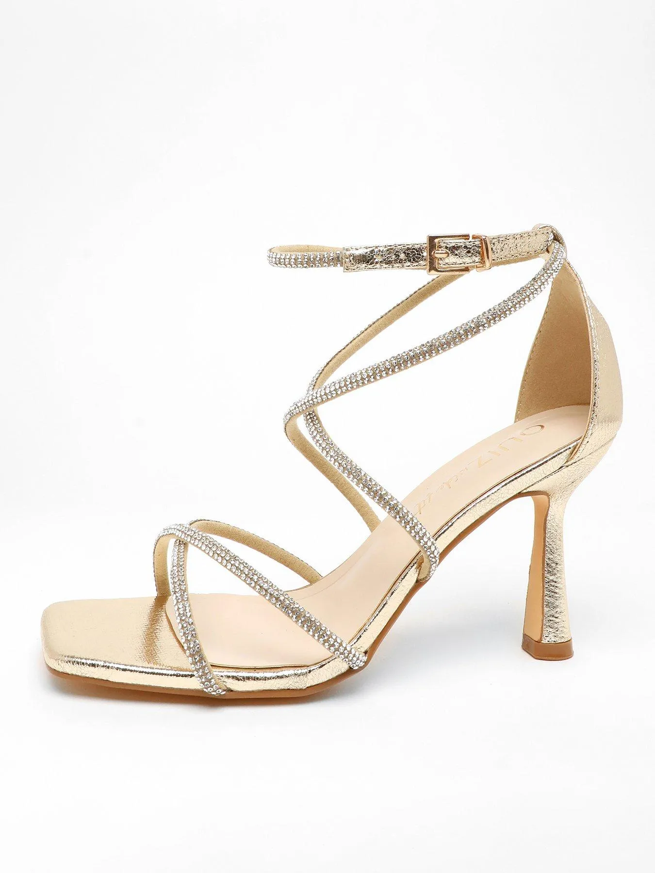 Quiz Wide Fit Gold Foil Diamante Strappy Heeled Sandals